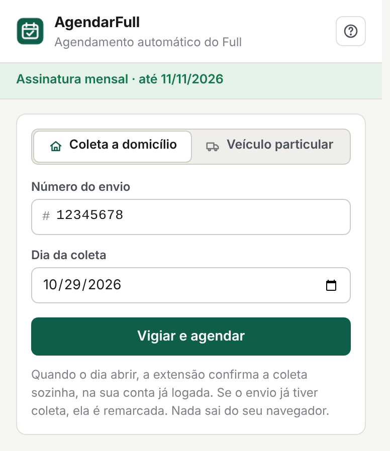 Tela da extensão AgendarFull com o envio e o dia escolhidos